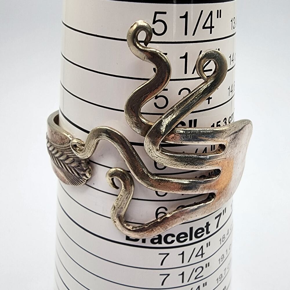 Artisan Fork Handle Hinged Clamper Bracelet Abstract Silver Tone - Picture 3 of 8